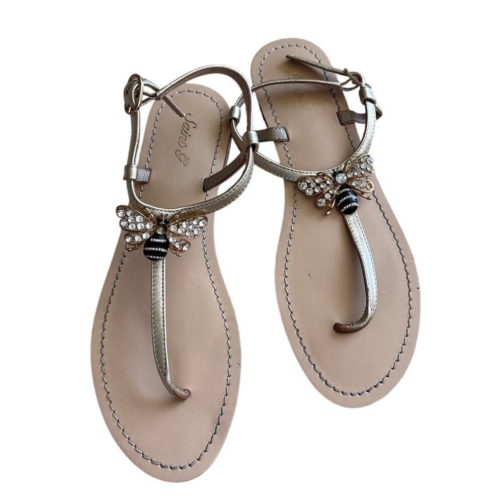 Saint G Silver Jewel T-Strap Flat Thong Sandal EU 39 US 8.5 Leather